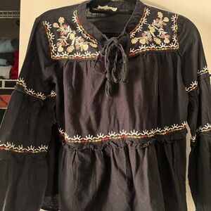 Black Embroidered Long Sleeve Boho Shirt